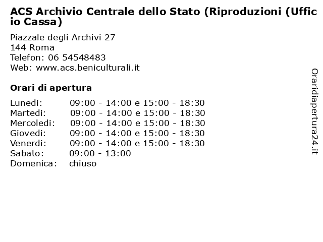 Orari di apertura ACS Archivio Centrale dello Stato